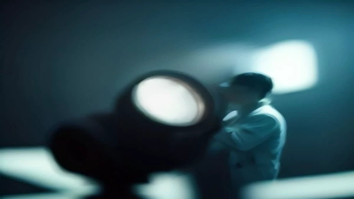 wide establishing shot of a quality inspector in a clean facility holding a magnifier over a manufactured part, soft morning light