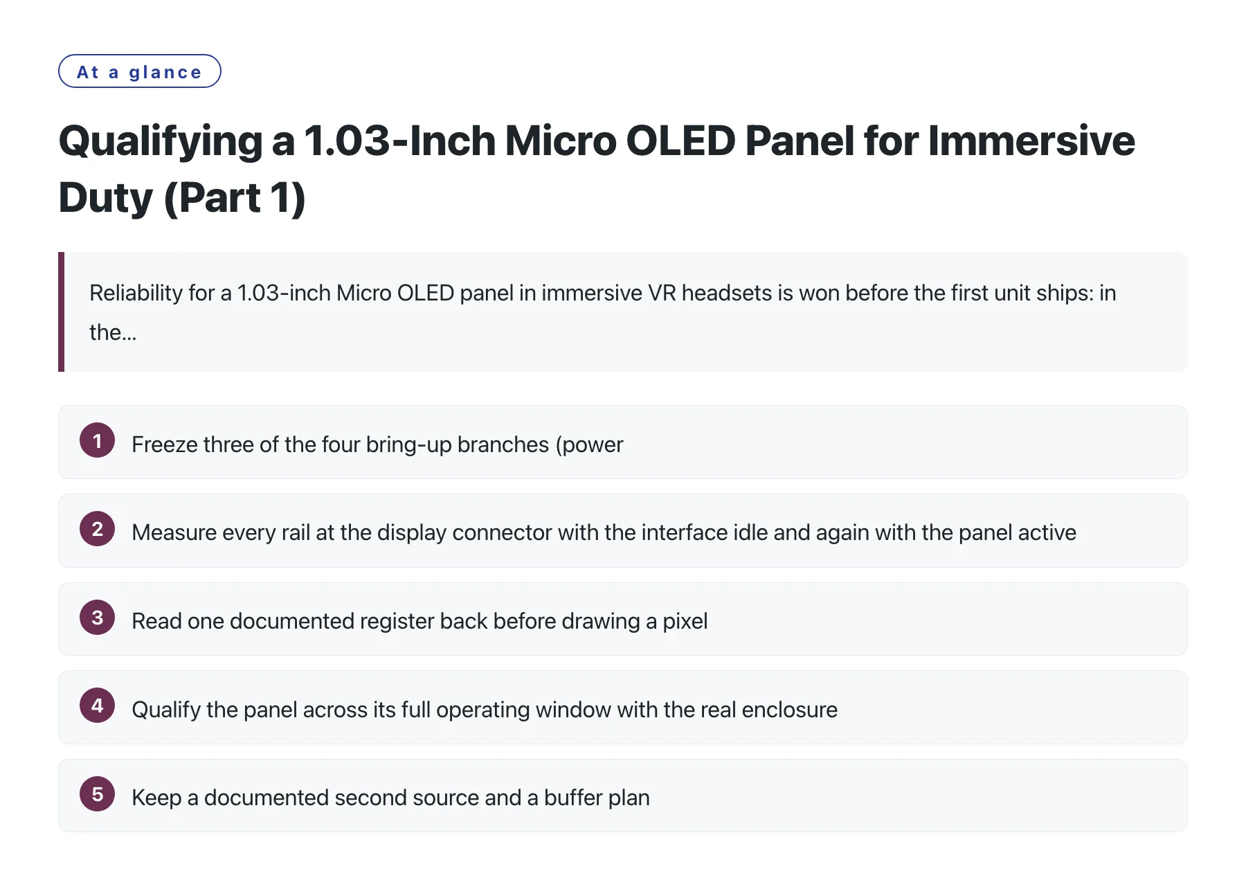 Qualifying a 1.03-Inch Micro OLED Panel for Immersive Duty (Part 1)——全文要点速览