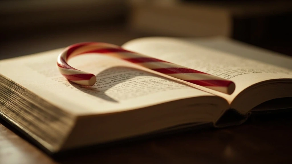 An open clothbound reference book on a worn oak desk, with a single red-and-white peppermint candy cane laid diagonally across the pages as a page marker.